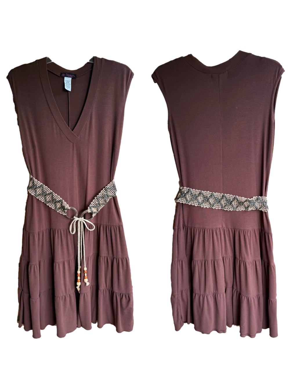 Y2K Volume One Brown V Neck Tiered Midi Dress with Beaded Tie Boho Belt Small
